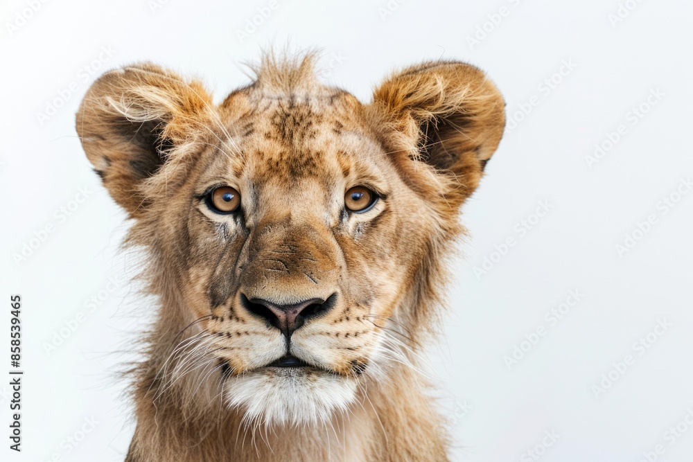 Upset Lion pulling a face and looking at the camera isolated on white Upset Lion pulling a face and looking at the camera isolated on white