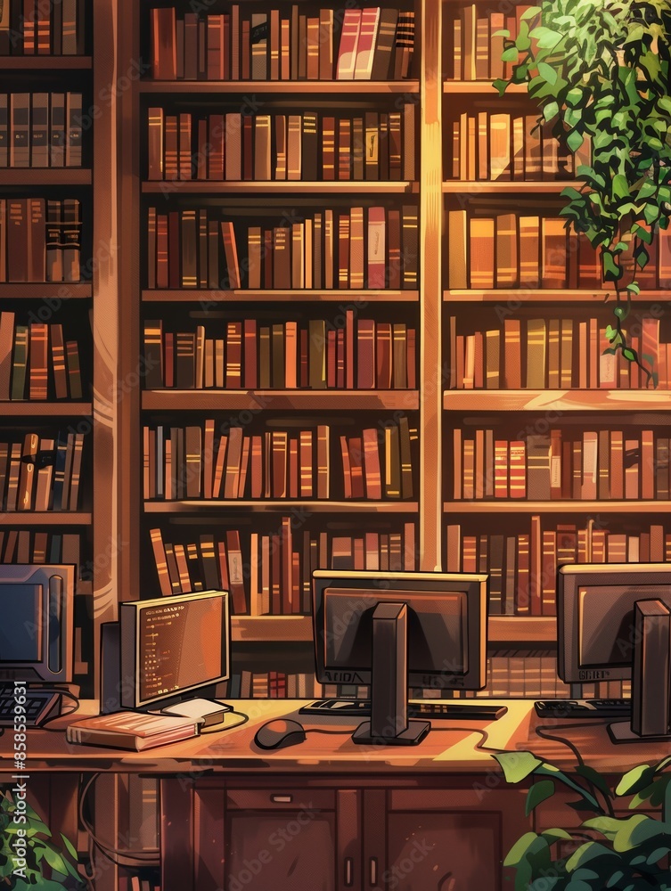 An illustration depicting a modern student library with rows of bookshelves filled with colorful books and several computers on a desk. Generative AI An illustration depicting a modern student library with rows of bookshelves filled with colorful books and several computers on a desk. Generative AI