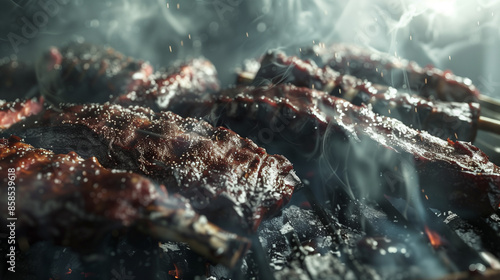 succulent bbq ribs smoking on the grill with rich sauce glistening in low light, highlighting the juicy texture and smoky flavor of barbecue ribs photo