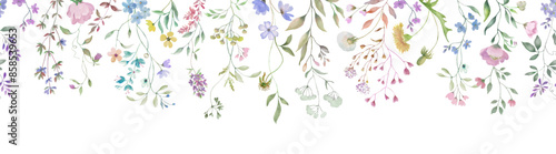 Seamless watercolor  border. Hand drawn floral illustration isolated on white background. Vector EPS.
