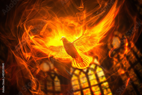 Dove in Pentecostal Fire, Capturing the Essence of the Holy Ghost for Spiritual Publications and Religious Event Promotions