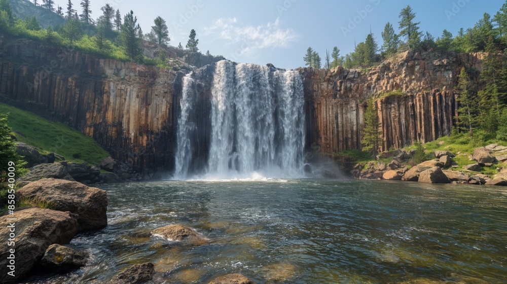 Fototapeta premium Iron Falls USA Daytime. The best view of Iron Falls in the USA during the day, with the waterfall cascading down rocky cliffs under a clear blue sky, a Minimalist,
