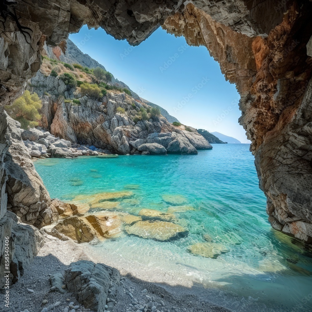 Secluded Paradise Beach View through a Coastal Cave Secluded Paradise Beach View through a Coastal Cave