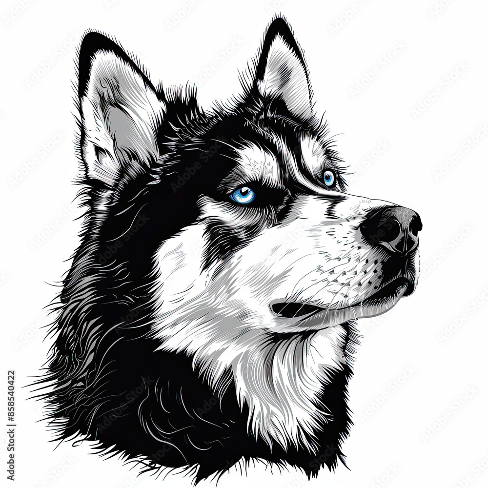 A black and white drawing of a siberian husky dog A black and white drawing of a siberian husky dog