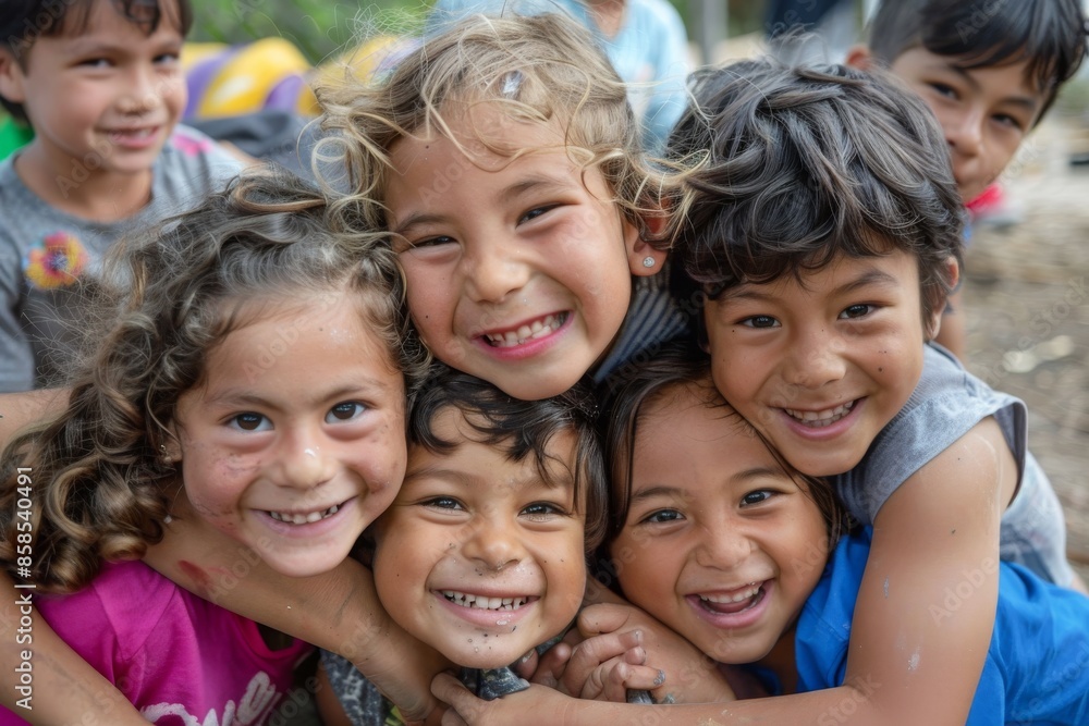 Group of children are smiling and looking at camera in the park. Group of children are smiling and looking at camera in the park.