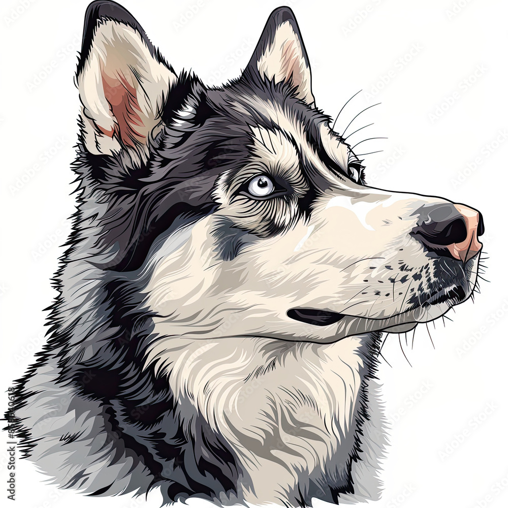 A black and white drawing of a siberian husky dog A black and white drawing of a siberian husky dog