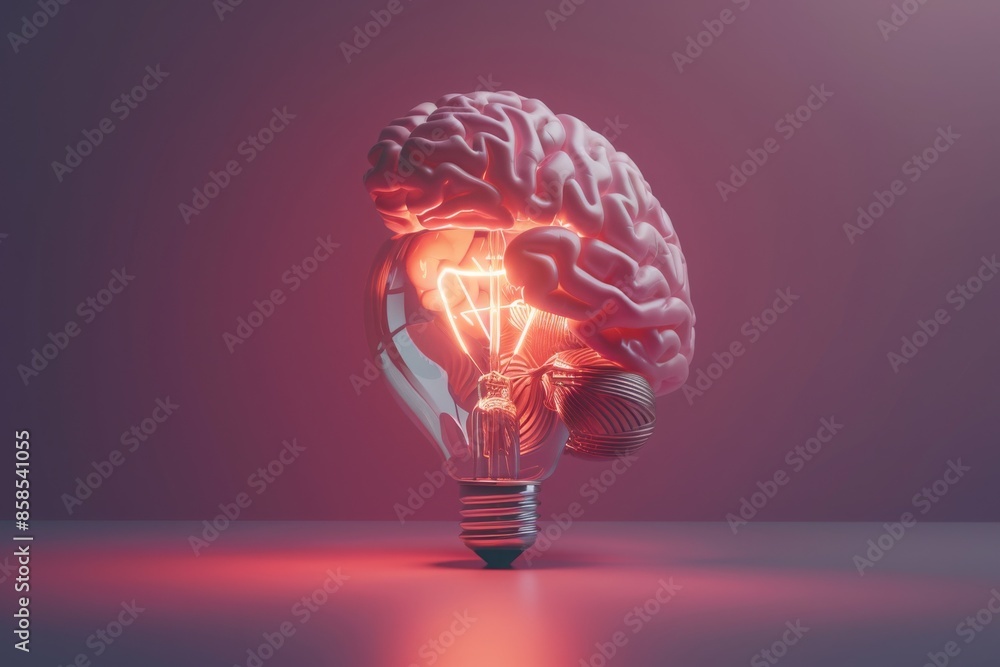 Human brain and electric lightbulb. 3D illustration. 3D rendering. ,generative AI Human brain and electric lightbulb. 3D illustration. 3D rendering. ,generative AI