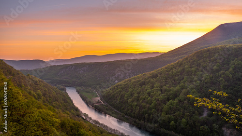 Sunrise at mountains with river