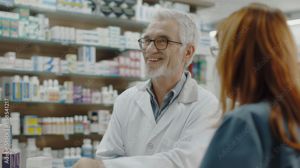 Pharmacist assisting customer in a pharmacy. Pharmacist assisting customer in a pharmacy.