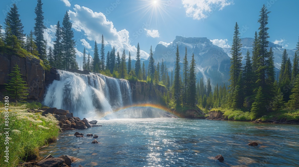 Fototapeta premium Iron Falls Daytime Wonder. Clear skies with the sun shining brightly, the waterfall roaring as it plunges into a rocky pool, surrounded by tall pine trees and wildflowers, with a rainbow forming in