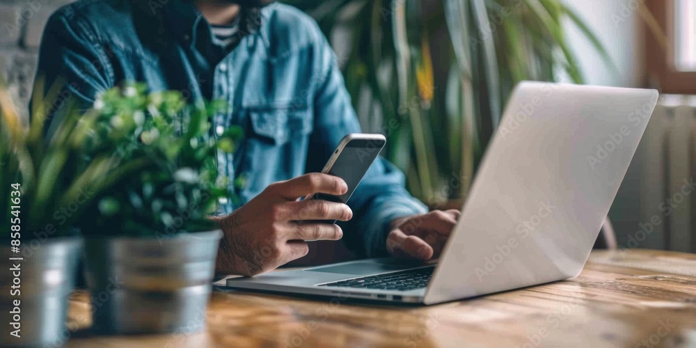 Man Using Smartphone and Laptop at Wooden Desk