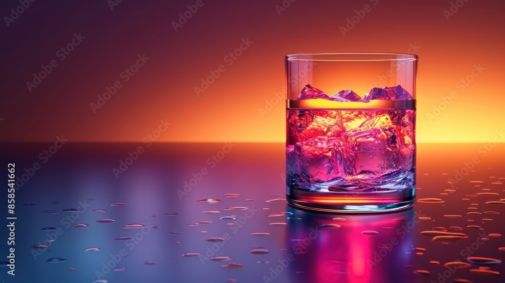A Glass of Pink Liquid with Ice Cubes on a Reflective Surface A Glass of Pink Liquid with Ice Cubes on a Reflective Surface