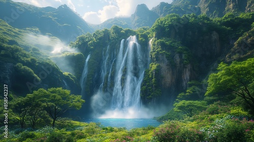 Spartan Falls Daytime Majesty. Clear skies with bright sunlight, the waterfall cascading down steep cliffs into a deep blue pool surrounded by lush forest and vibrant wildflowers, with mist rising