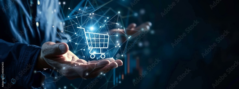 © MD Media - Businessman holding a digital shopping cart shopping online, shopping cart icon on screen mobile phone. purchase payment on internet. online supermarket gadget.