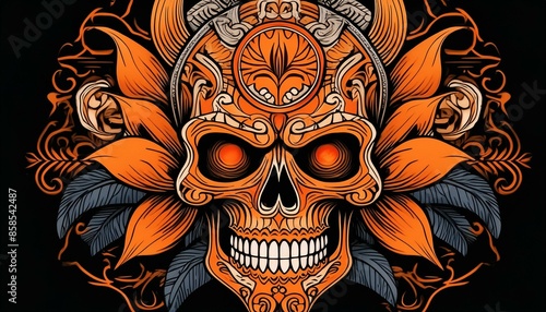 Ilustración de Calaveras y demonios con color naranja con negro 5 photo