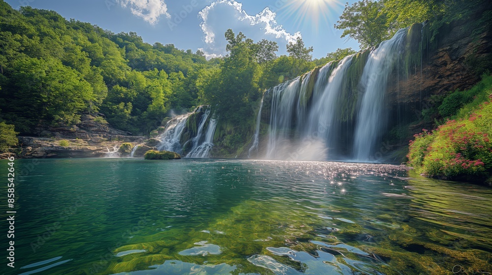 Fototapeta premium Gold Hill Falls Daytime Tranquility. Bright and sunny with a few clouds, the waterfall cascading into a clear blue pool surrounded by lush green trees and vibrant wildflowers, with a light mist