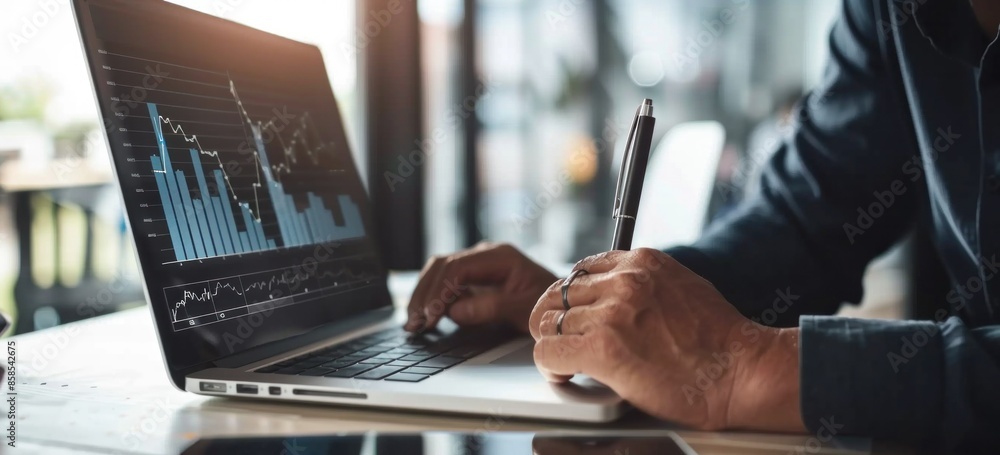 Analyzing Financial Data on Laptop in Office