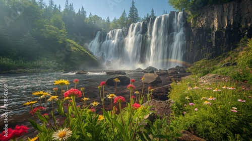 Hyde Falls Daytime Majesty. Clear skies with bright sunlight, the waterfall thundering down into a wide, rocky pool surrounded by dense forest and vibrant wildflowers, with a light mist creating a photo
