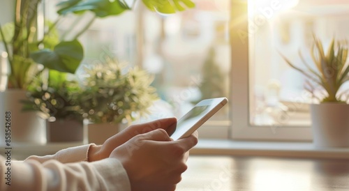 Holding Smartphone by Window with Indoor Plants