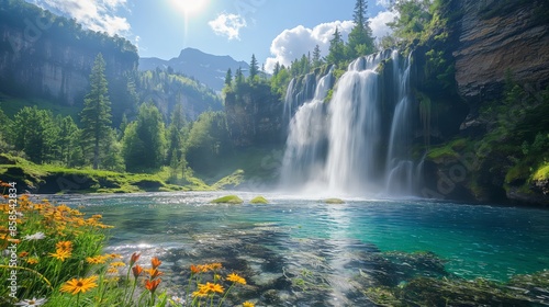 Breaker Falls Daytime Tranquility. Bright and sunny with a few clouds, the waterfall cascading into a clear blue pool surrounded by lush green trees and vibrant wildflowers, with a light mist rising