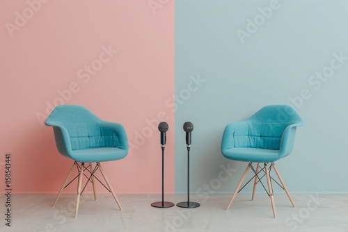two chairs and microphones in podcast or interview room isolated on beige background as a wide banner for media conversations 