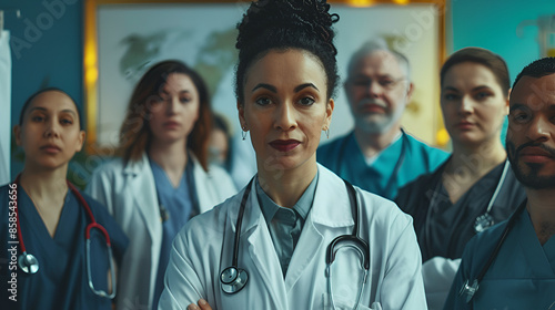 Portrait of a diverse group of doctors and medical workers in a hospital with a stethoscope