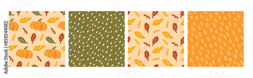 Seamless Autumn pattern set, hand drawn doodle Pumpkin, falling leaves, abstract dots. Thanksgiving, Autumn, Fall prints For wrapping paper, menu, wallpaper, packaging, textile. Autumn harvest