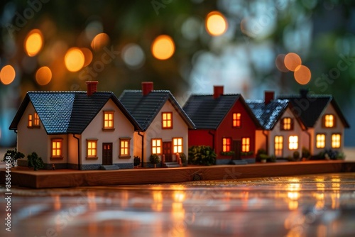 Wallpaper Mural concept photo featuring different size houses lined up in a row on a wooden table, highlighting the variations in size and style of homes. This photo could represent a range Torontodigital.ca