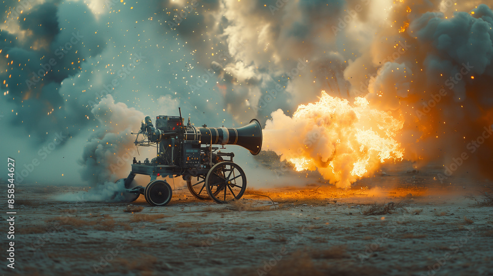 Fototapeta premium Vintage cannon firing with explosion and smoke on the battlefield.