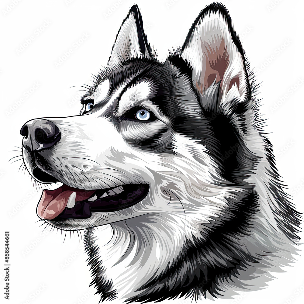 A black and white drawing of a siberian husky dog A black and white drawing of a siberian husky dog