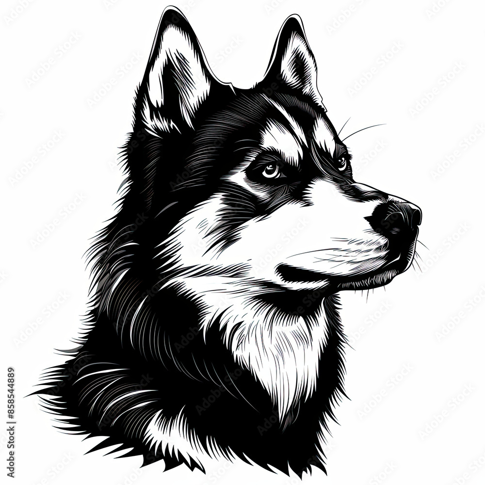 A black and white drawing of a siberian husky dog A black and white drawing of a siberian husky dog