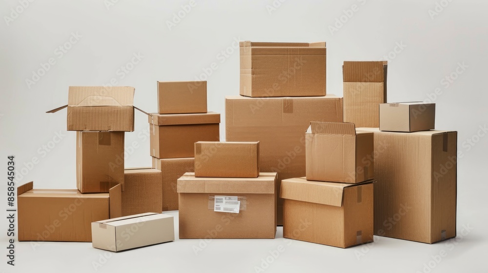 Brown cardboard boxes with postal signs in various sizes on white background Brown cardboard boxes with postal signs in various sizes on white background