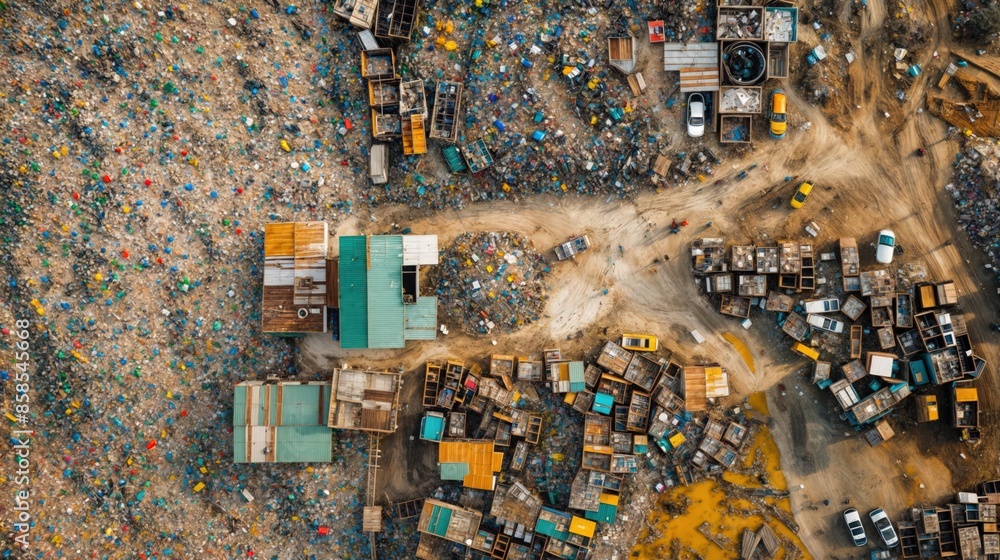 A landfill and small community viewed from above