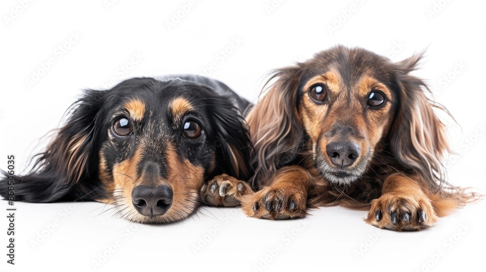 Dachshund and Maine Coon on white background in horizontal orientation Dachshund and Maine Coon on white background in horizontal orientation