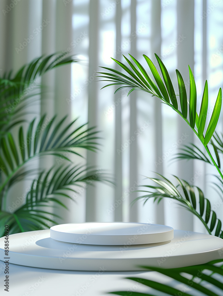 White empty round table for product display, background of white curtains and green palm tree leaves, minimalist White empty round table for product display, background of white curtains and green palm tree leaves, minimalist