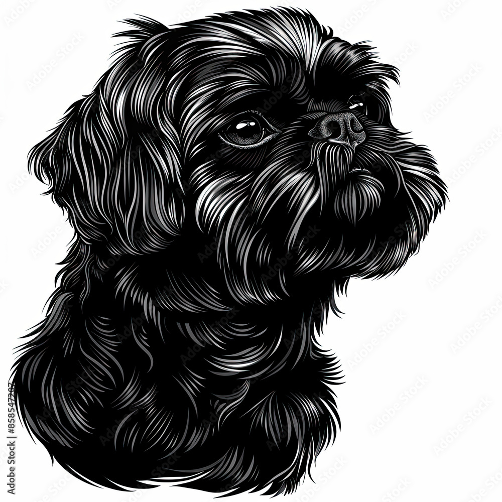 A black and white drawing of a shih tzu dog