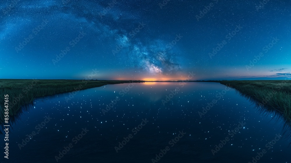 Serene Lake Tengiz Night View with Starry Sky Reflection Serene Lake Tengiz Night View with Starry Sky Reflection