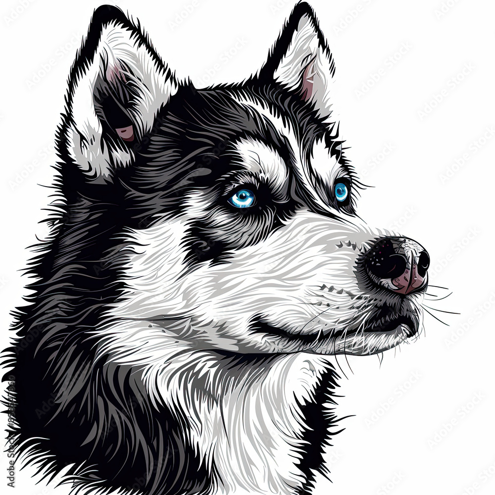 A black and white drawing of a siberian husky dog A black and white drawing of a siberian husky dog