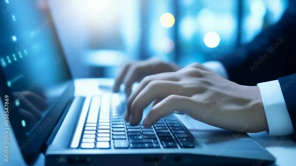 Close-up of a person typing on a laptop in a modern office. The image, likely taken during the day, conveys a professional atmosphere. The individual is dressed in formal attire. Close-up of a person typing on a laptop in a modern office. The image, likely taken during the day, conveys a professional atmosphere. The individual is dressed in formal attire.