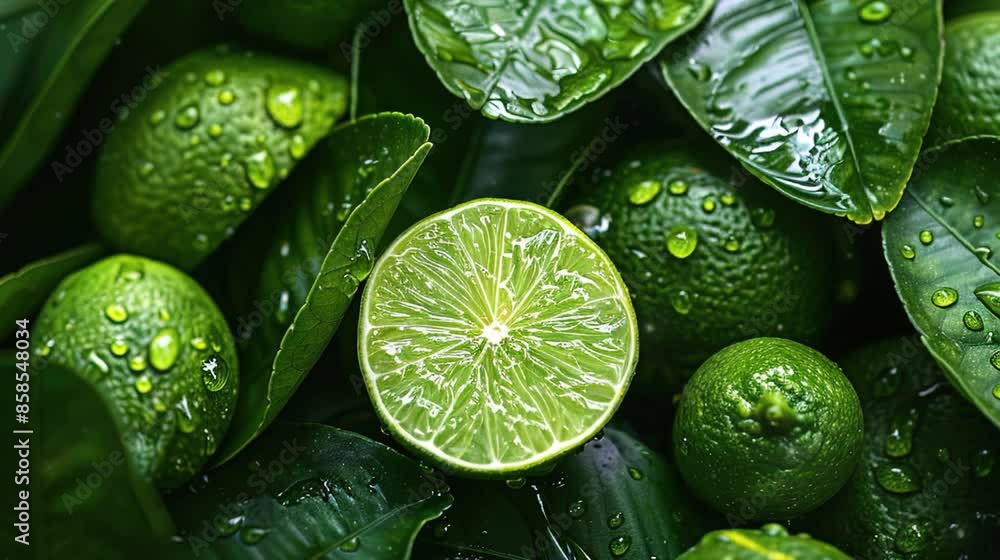 moist fresh lime and leave as background, top view