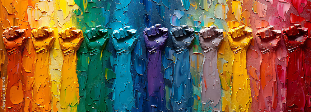 Naklejka premium A painting of a raised fist with the rainbow flag behind it symbolizes diversity and freedom for all people.