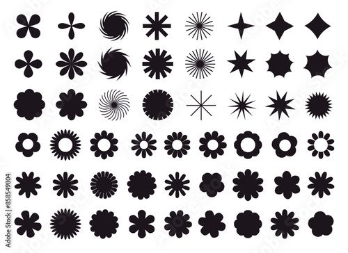 Collection of black brutal contemporary figure spiral flower star oval circle and other elements. Abstract minimal geometric elements shapes and grids set. Brutalist design. Vector illustration