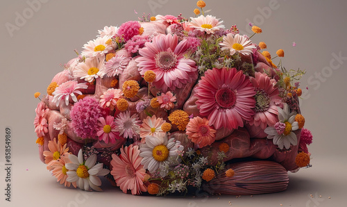 Human Brain Blooming with Spring Flowers Representing Mental Health and Self Care Positive Thinking Creative Mind and Positive Ideas Concept photo