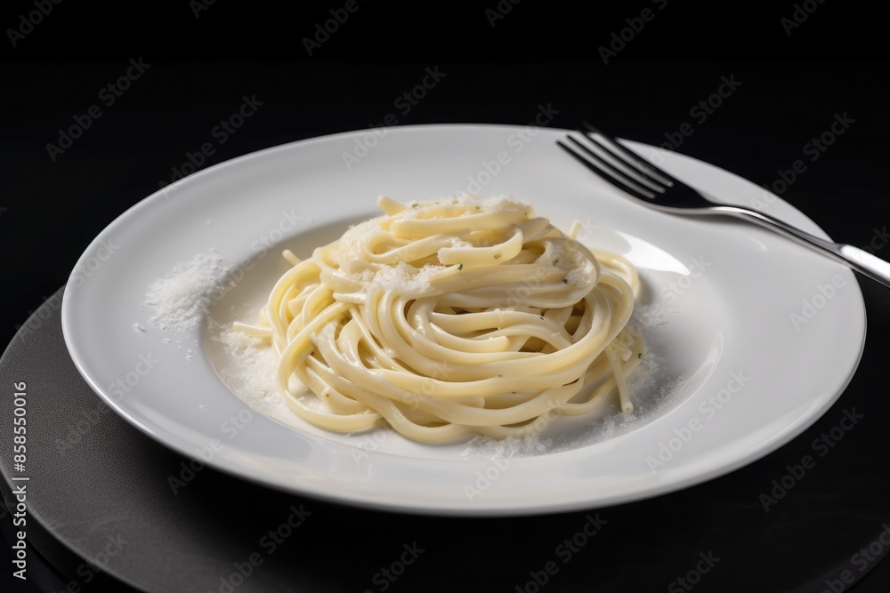 Spaghetti pasta with cream sauce, basil and Parmesan cheese. Italian cuisine. Vegetarian food. Spaghetti pasta with cream sauce, basil and Parmesan cheese. Italian cuisine. Vegetarian food.