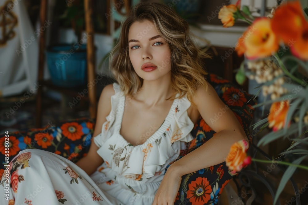 stylish woman model in a white dress on a background of flowers. florist, business owner stylish woman model in a white dress on a background of flowers. florist, business owner