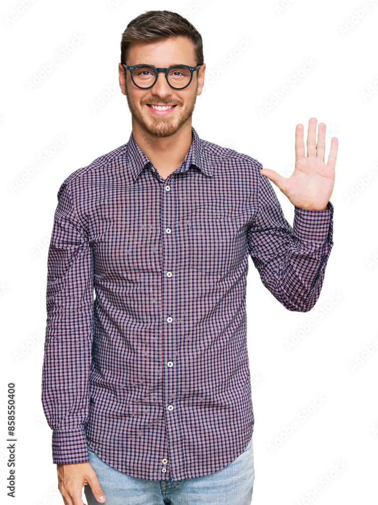 Handsome caucasian man wearing casual clothes and glasses showing and pointing up with fingers number five while smiling confident and happy. Handsome caucasian man wearing casual clothes and glasses showing and pointing up with fingers number five while smiling confident and happy.