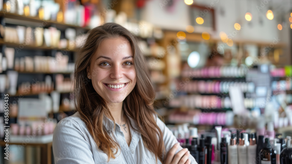 Portrait of smiling saleswoman in cosmectics store, blurred cosmetics and skincare products in the background