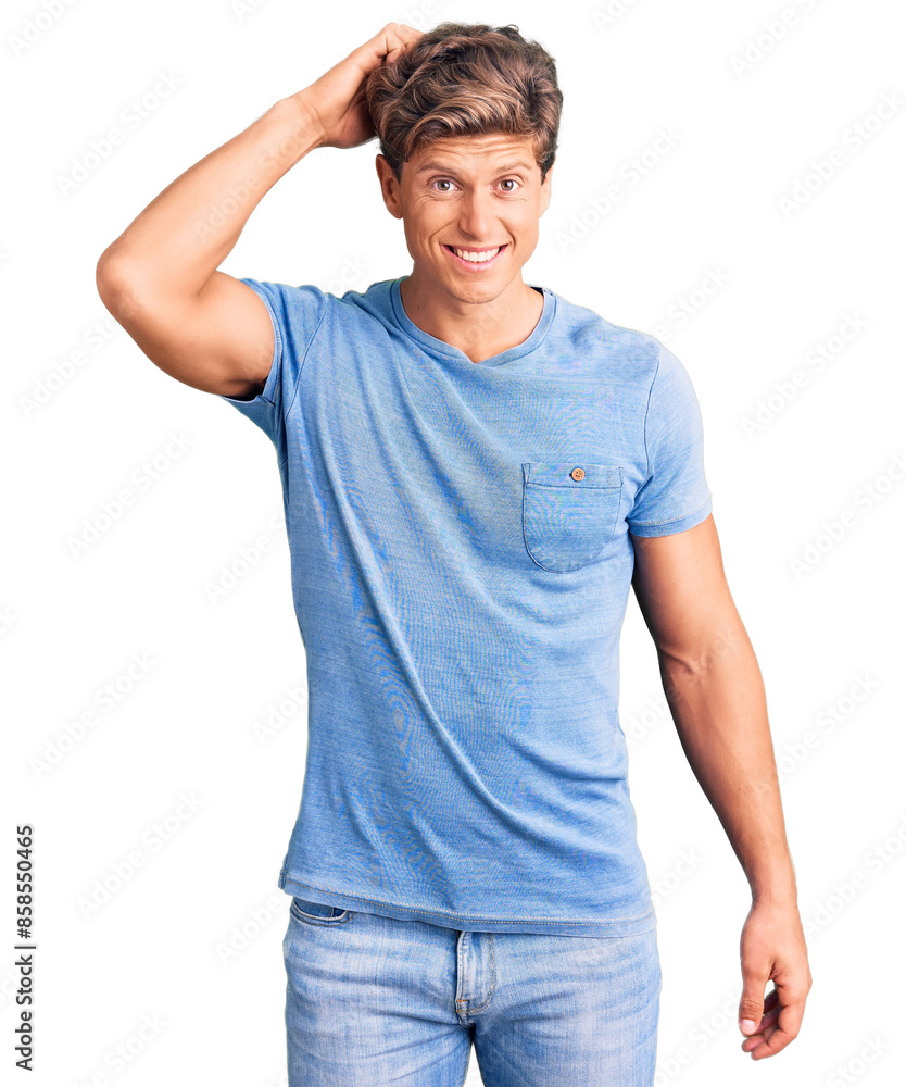 Young handsome man wearing casual clothes confuse and wonder about question. uncertain with doubt, thinking with hand on head. pensive concept. Young handsome man wearing casual clothes confuse and wonder about question. uncertain with doubt, thinking with hand on head. pensive concept.