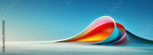 Abstract waves of colorful, flowing shapes against a serene blue sky. Modern art and fluidity concept with ample copy space.