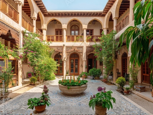 A traditional Qatari courtyard house with gypsum decorations and arched windows 